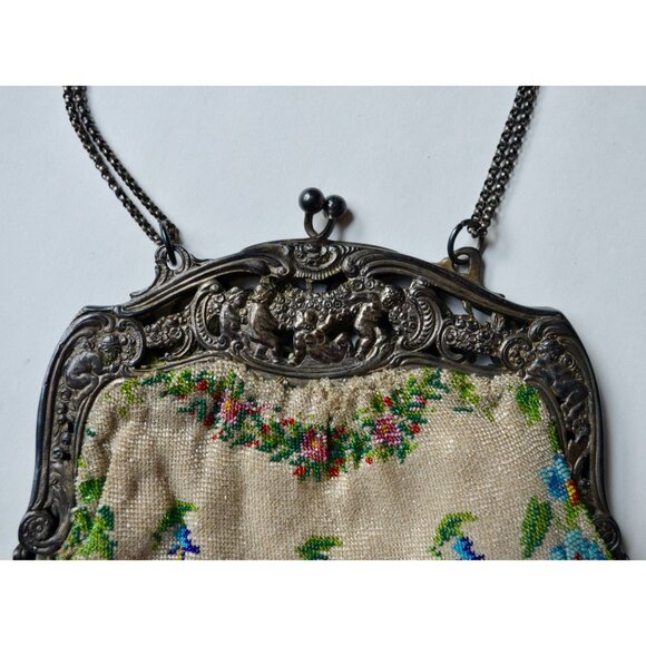 Antique Edwardian Glass Bead Flower Roses Purse Silver Cherub Frame Czech? - Picture 9 of 15
